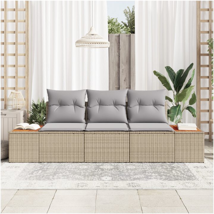3-delars Trädgårdsoffa med Kuddar Beige Poly Rattan Akacia vidaXL 239 x 62 x 69 cm – bild 3