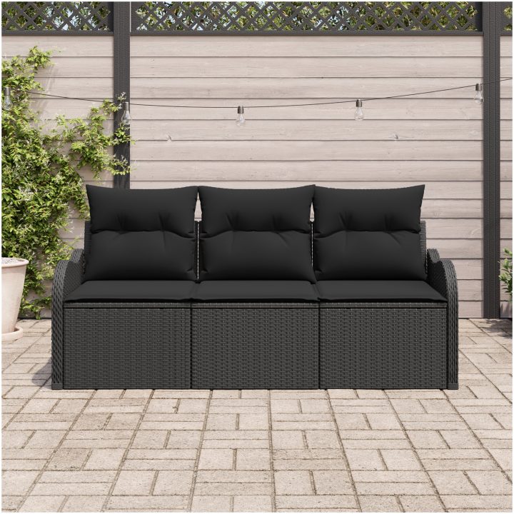 3 Delars Trädgårdsoffa med Kuddar Svart Poly Rattan vidaXL Medium, 121 x 62 x 69 cm – bild 3