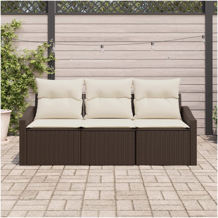 3-delars trädgårdsoffaset med kuddar brun poly-rotting vidaXL 178 x 62 x 85 cm – bild 3