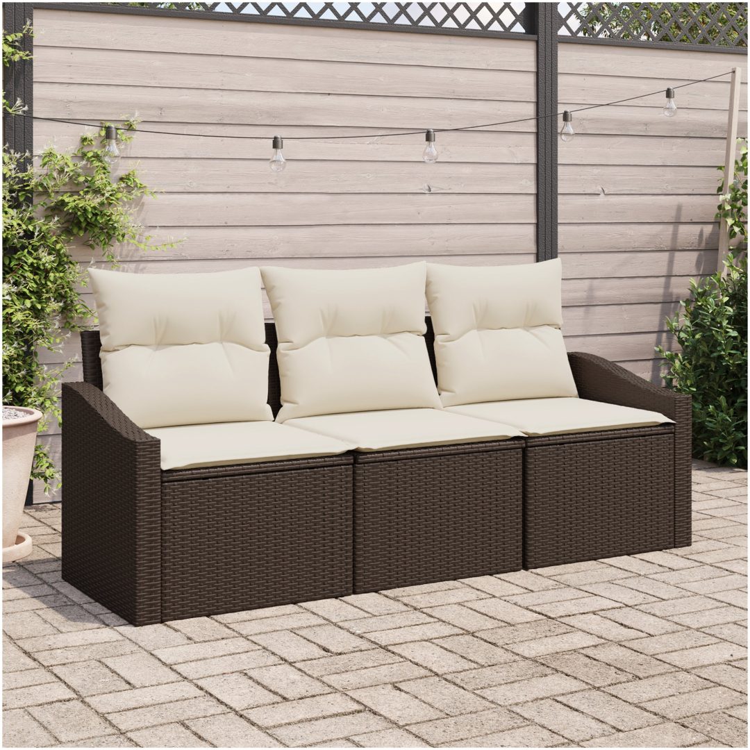 3-delars trädgårdsoffaset med kuddar brun poly-rotting vidaXL 178 x 62 x 85 cm