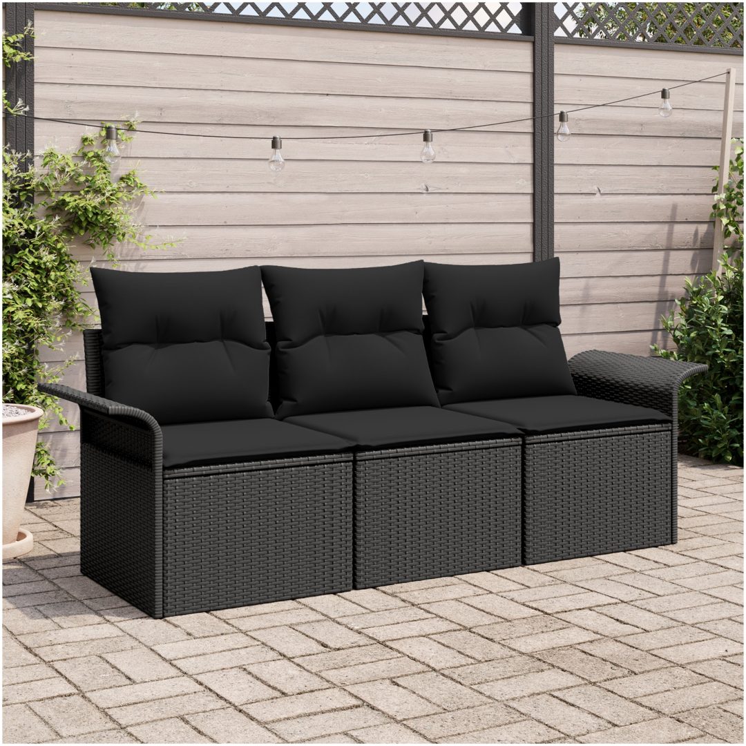 3-delars trädgårdsoffaset med kuddar - Svart polyrotting vidaXL 196 x 62 x 85cm