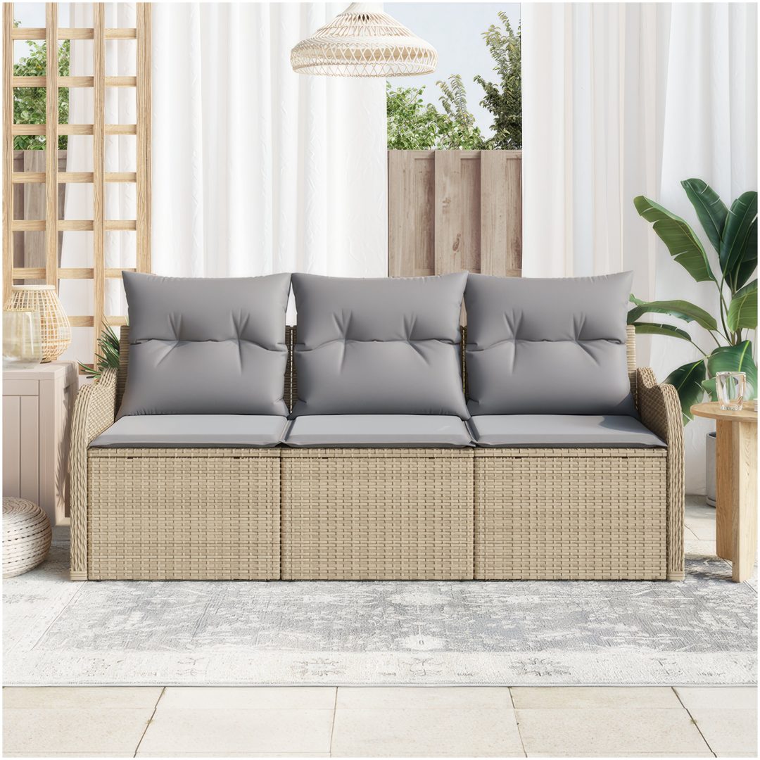 3-delars trädgårdsoffset med kuddar Beige Poly Rattan vidaXL Medium – bild 3