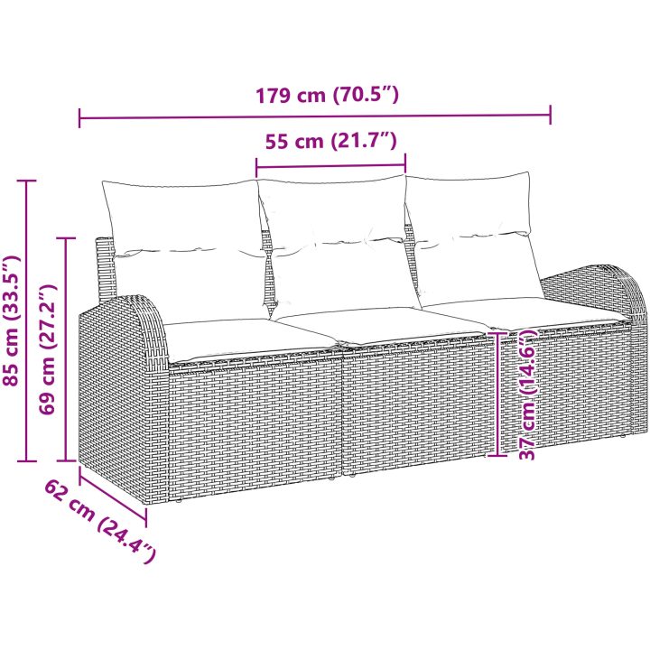 3-delars trädgårdsoffset med kuddar beige polyrotting vidaXL Medel – bild 5