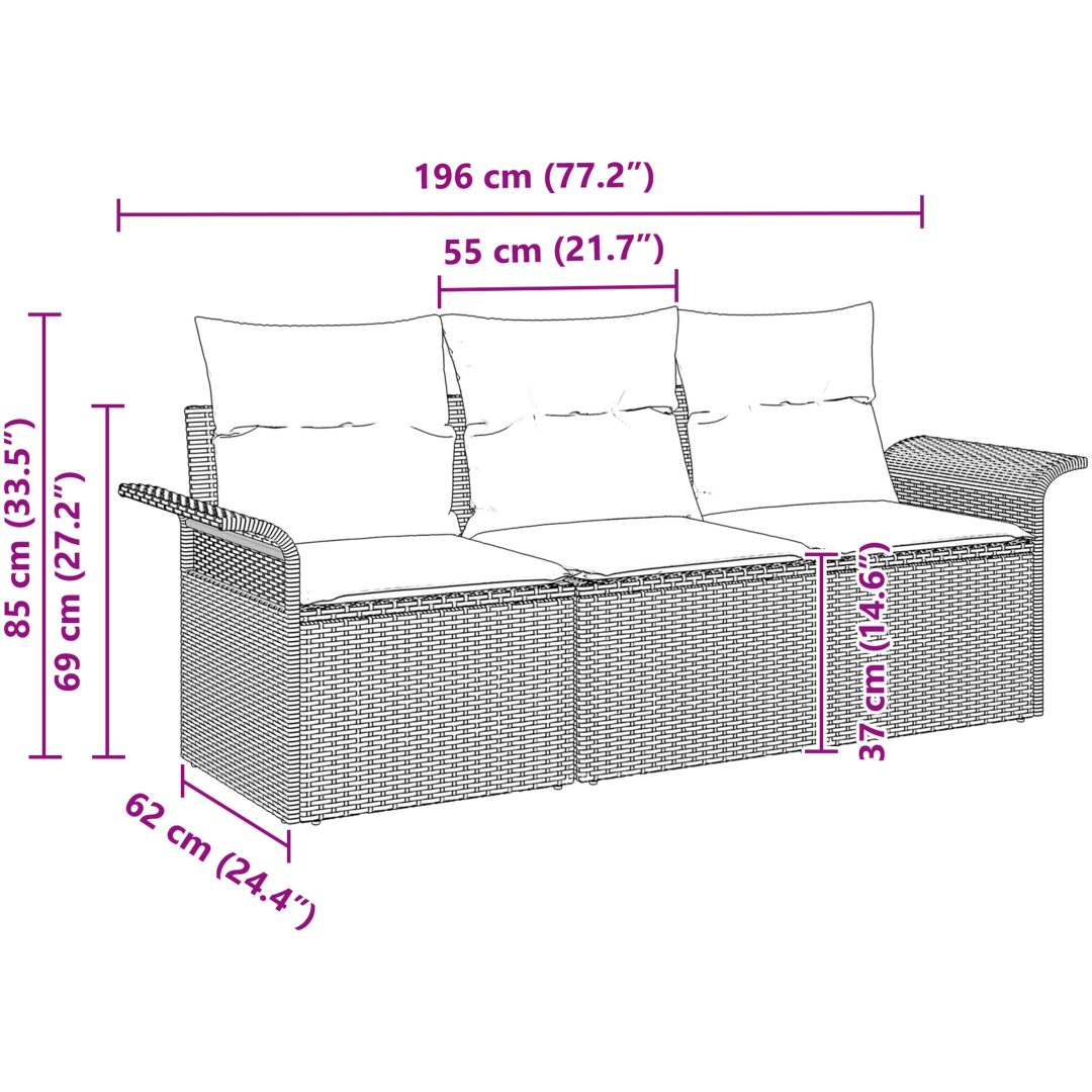 3-delars trädgårdsoffset med kuddar i grå polyrotting vidaXL 196 x 62 x 85cm – bild 9