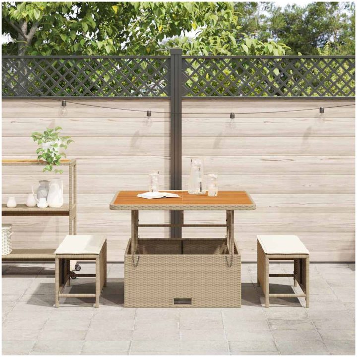 3-delars trädgårdsset med kuddar beige polyrotting akacia vidaXL 100 cm – bild 4