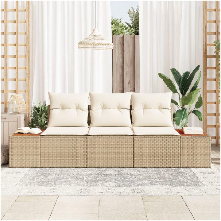 3-Delars Trädgårdssoffa Set med Kuddar Beige Poly Rottning Akacia vidaXL 239 x 62 x 69 cm – bild 3