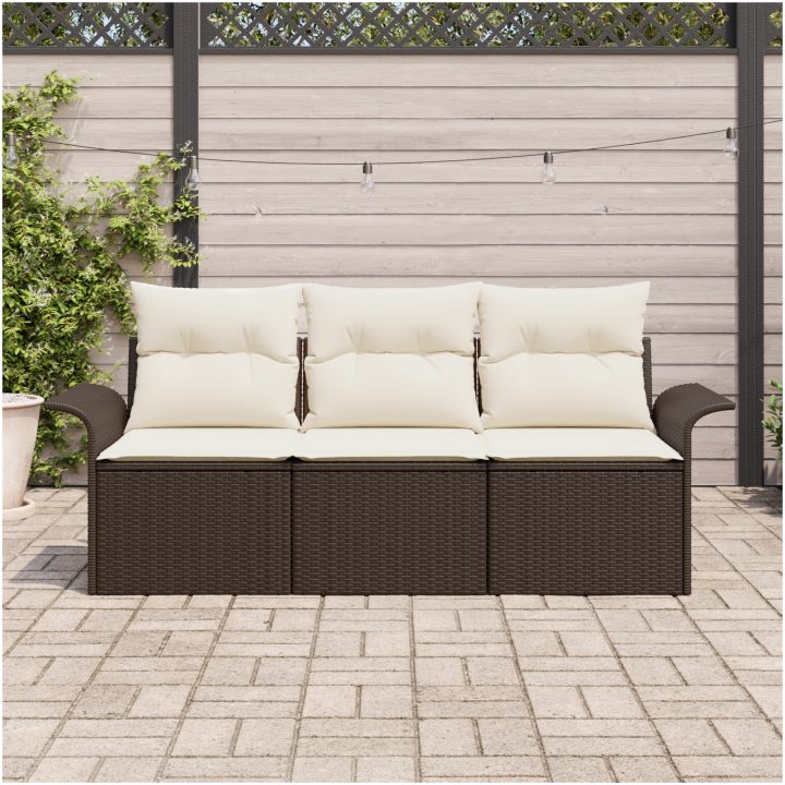 3-delars trädgårdssoffgrupp med kuddar - Brun Poly Rattan vidaXL 196 x 62 x 85cm – bild 3