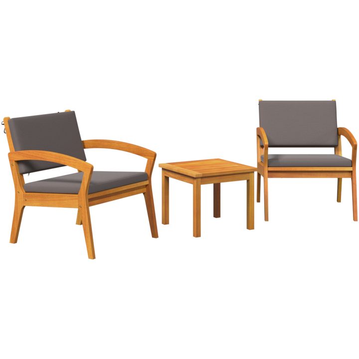 3-delat Bistro Set med Kuddar, Gjort av Massivt Akaciaträ vidaXL Stol, 59.5 x 70.5 x 72.5 cm, bord, 45 x 45 x 38 cm – bild 2