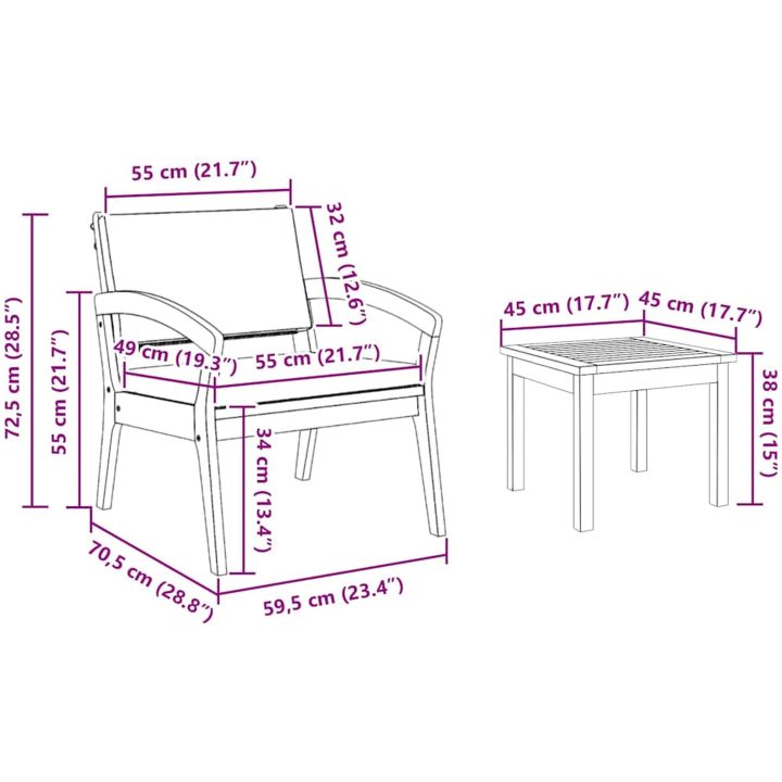 3-delat Bistro Set med Kuddar, Gjort av Massivt Akaciaträ vidaXL Stol, 59.5 x 70.5 x 72.5 cm, bord, 45 x 45 x 38 cm – bild 10
