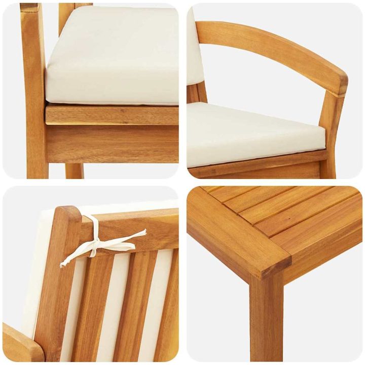 3-delat Bistro Set med Kuddar - Tillverkat av Massivt Akaciaträ vidaXL Stol, 59.5 x 70.5 x 72.5 cm, bord, 45 x 45 x 38 cm – bild 9