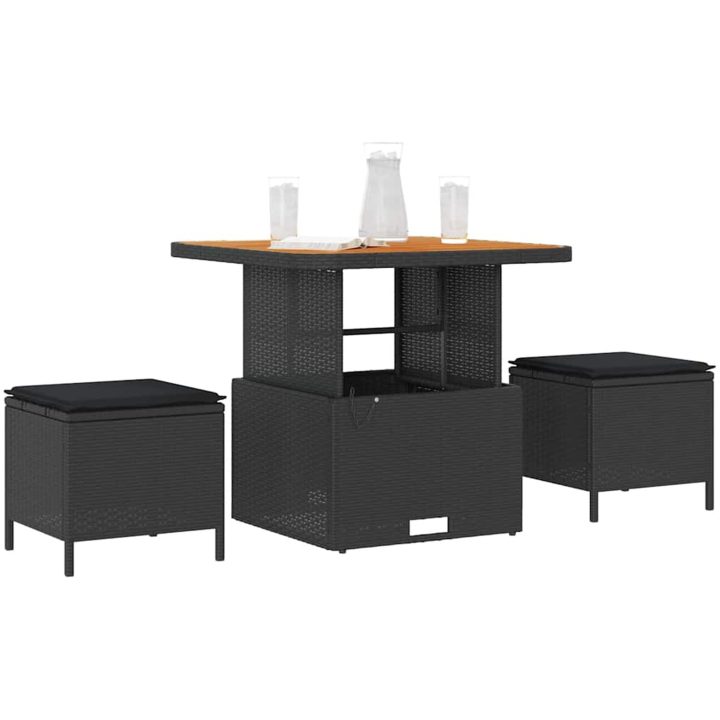 3-delat trädgårds matsalsset med kuddar Svart Poly Rattan Akacia vidaXL Medium – bild 3