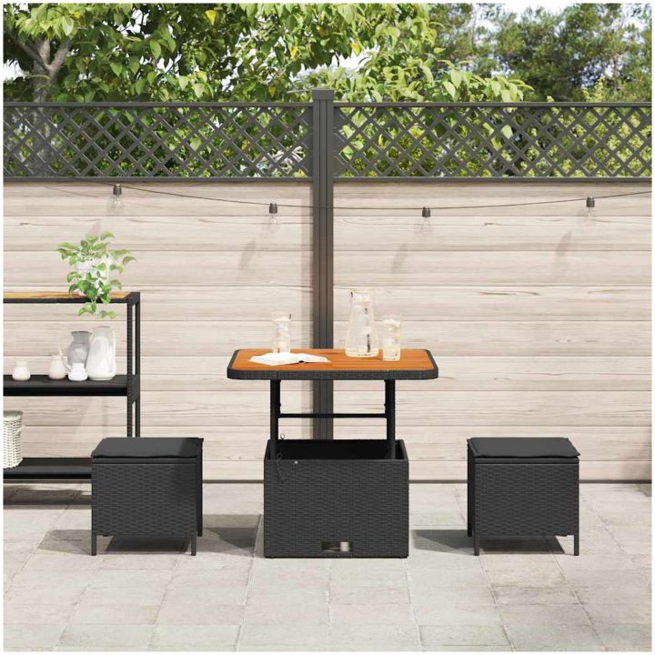 3-delat trädgårds matsalsset med kuddar Svart Poly Rattan Akacia vidaXL Medium – bild 4