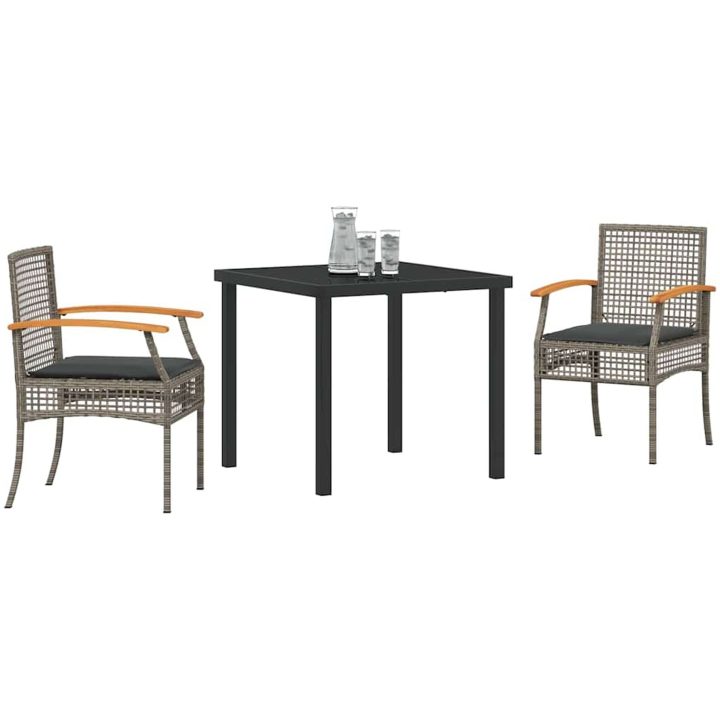 3-delat trädgårdsmatbord set med kuddar grå poly rattan vidaXL 80 x 80 x 73 cm – bild 3