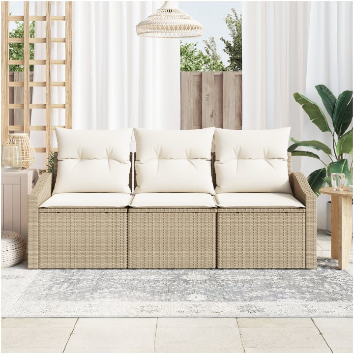 3-delat trädgårdsoffaset med kuddar beige poly rattan vidaXL 178 x 62 x 85 cm – bild 3