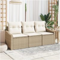 3-delat trädgårdsoffaset med kuddar beige poly rattan vidaXL