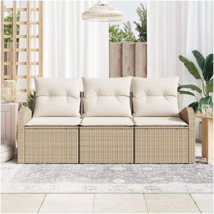 3-delat trädgårdsoffaset med kuddar Beige Polyrotting vidaXL 179 x 62 x 85 cm – bild 3