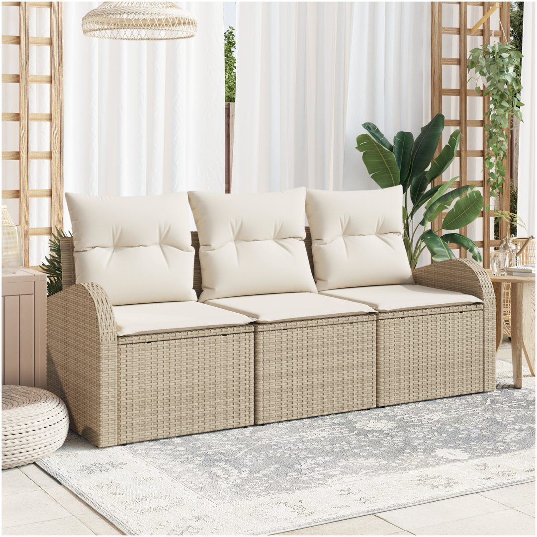 3-delat trädgårdsoffaset med kuddar Beige Polyrotting vidaXL 179 x 62 x 85 cm