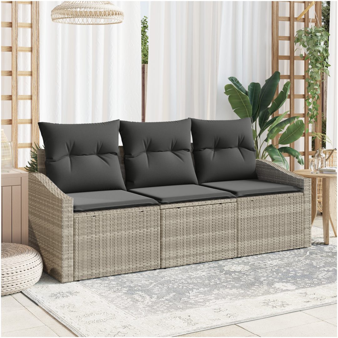 3-delat trädgårdsoffaset med kuddar ljusgrå poly rattan vidaXL 178 x 62 x 85 cm
