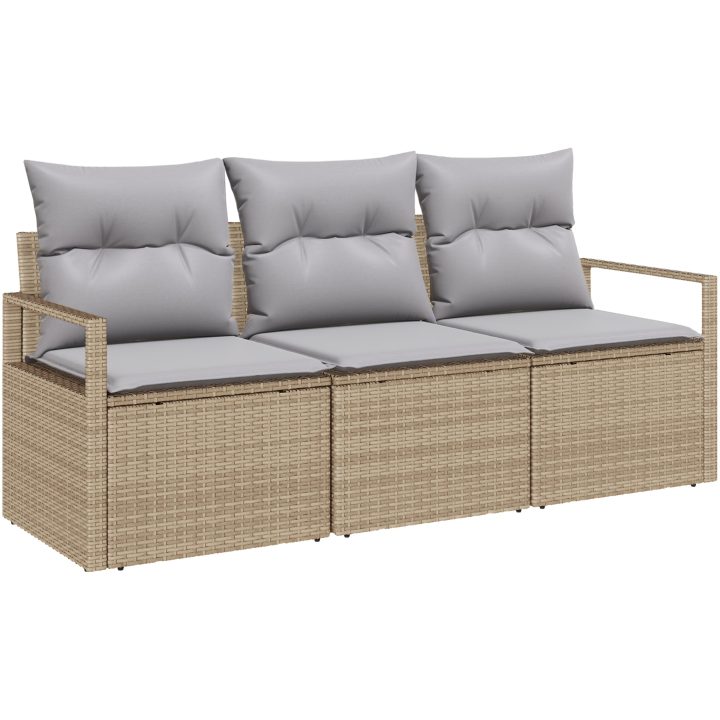 3-delat trädgårdsoffset med kuddar beige konstrotting vidaXL Stor – bild 2