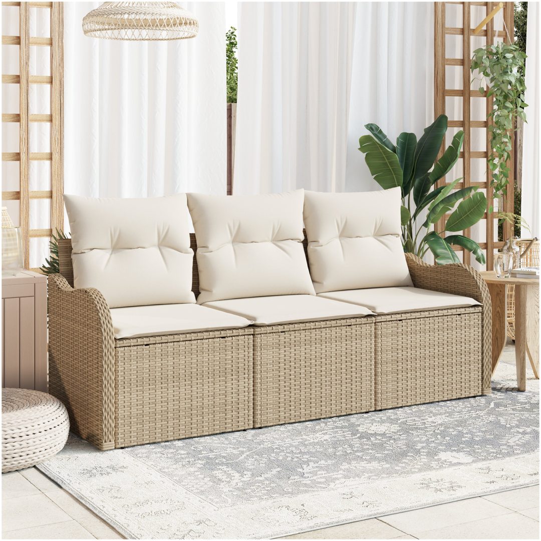 3-delat trädgårdsoffset med kuddar Beige Poly Rattan vidaXL 176 x 62 x 85 cm