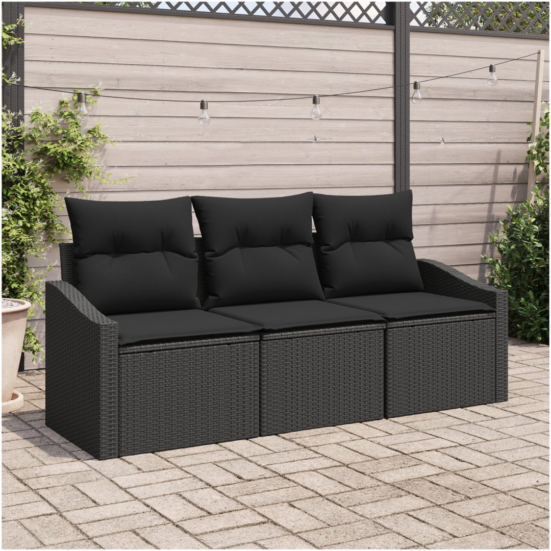 3-delat trädgårdsoffset med kuddar svart Poly Rottning vidaXL 178 x 62 x 85 cm