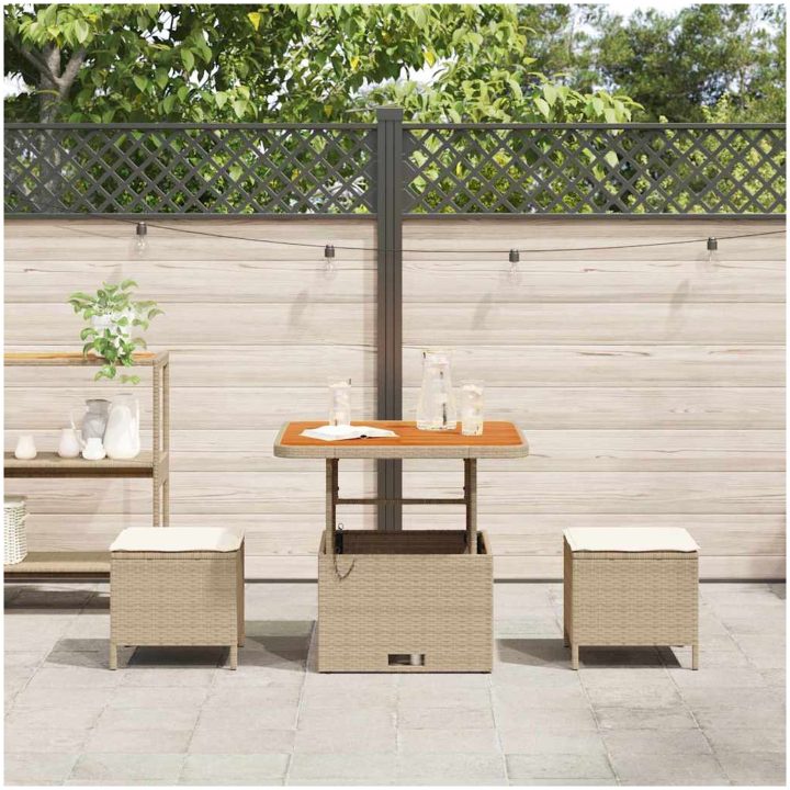 3-delat utemöbelset med kuddar Beige Poly Rattan Akacia vidaXL 80 cm – bild 4