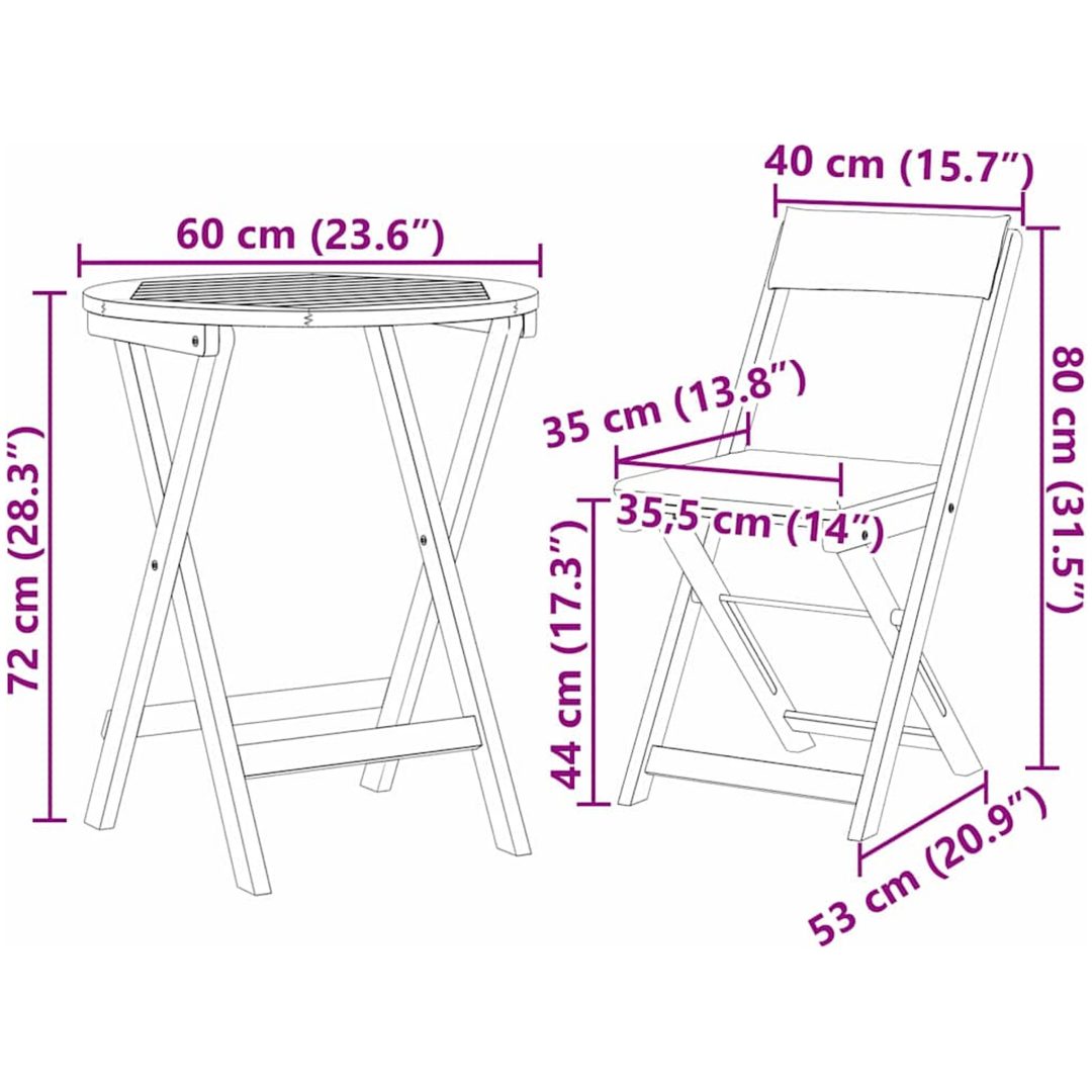3-delat Vikbart Bistro Set med Kuddar Solid Akacia vidaXL Compact – bild 12