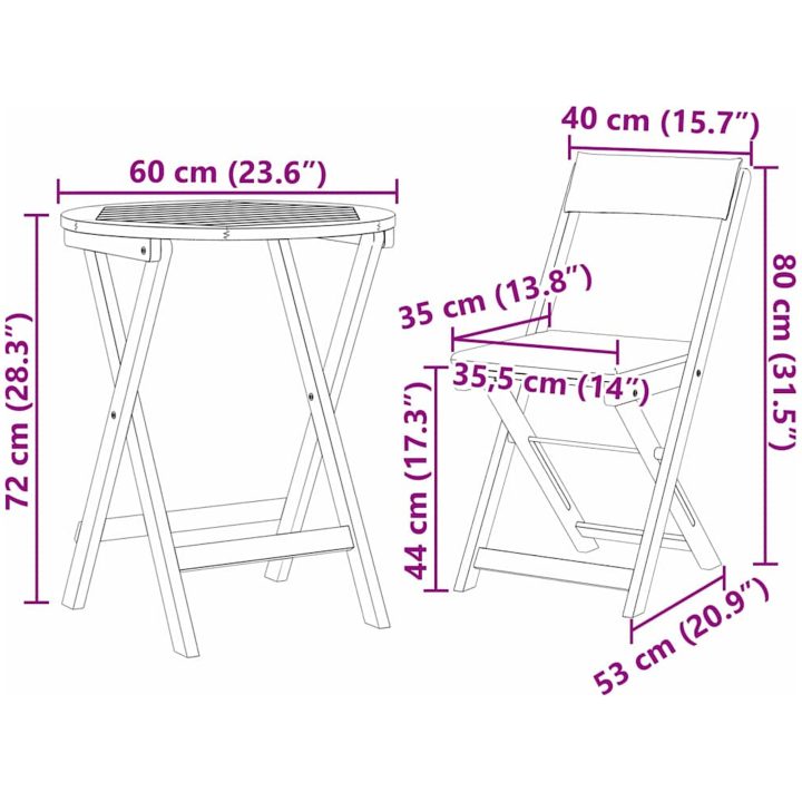 3-delat Vikbart Bistro Set med Kuddar Solid Akacia vidaXL Compact – bild 12