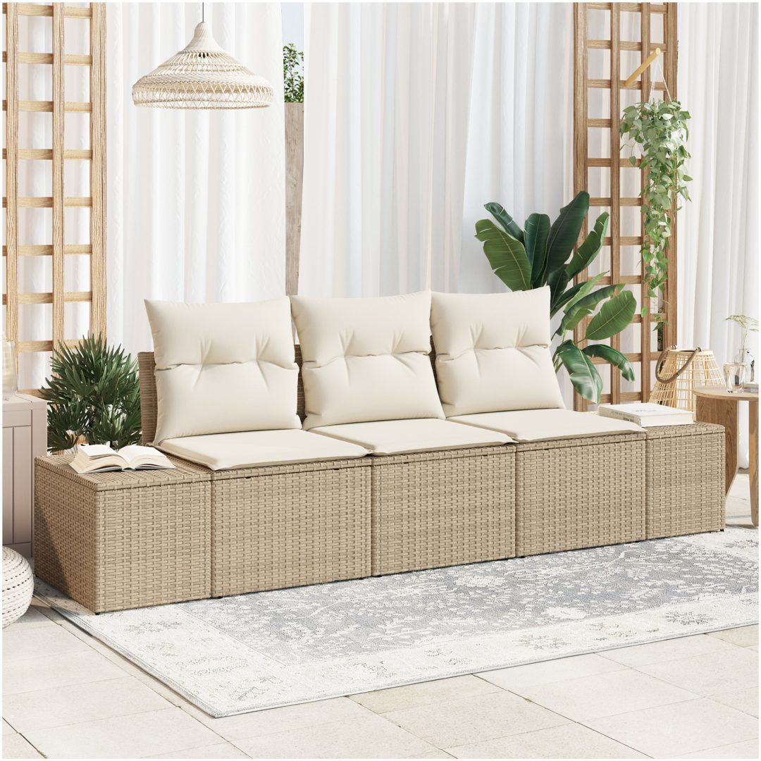 3-dels trädgårdsoffaset med kuddar beige poly rattan vidaXL 239 x 62 x 85 cm