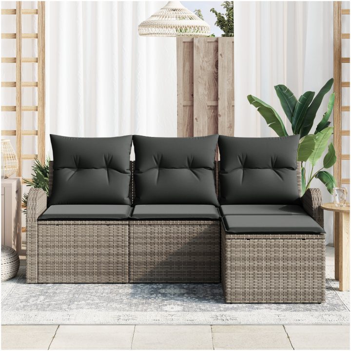 4 Bitars Trädgårdsoffagrupp med Kuddar Grå Poly Rattan vidaXL Medium – bild 3