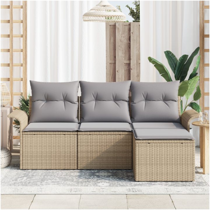4-Dela Trädgårdsoffasats med kuddar Beige Poly Rattan vidaXL 55 x 55 x 37 cm – bild 3