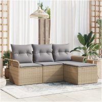 4-Dela Trädgårdsoffasats med kuddar Beige Poly Rattan vidaXL