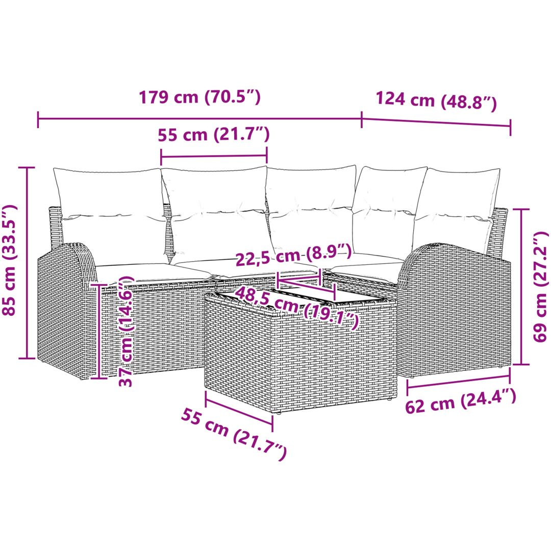 4 Dela Trädgårdsoffset med Kuddar Grå Poly Rattan vidaXL 55 x 55 x 37 cm – bild 9