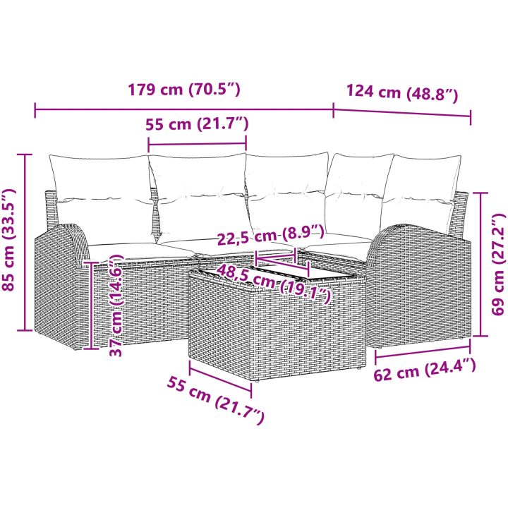 4 Dela Trädgårdsoffset med Kuddar Grå Poly Rattan vidaXL 55 x 55 x 37 cm – bild 9