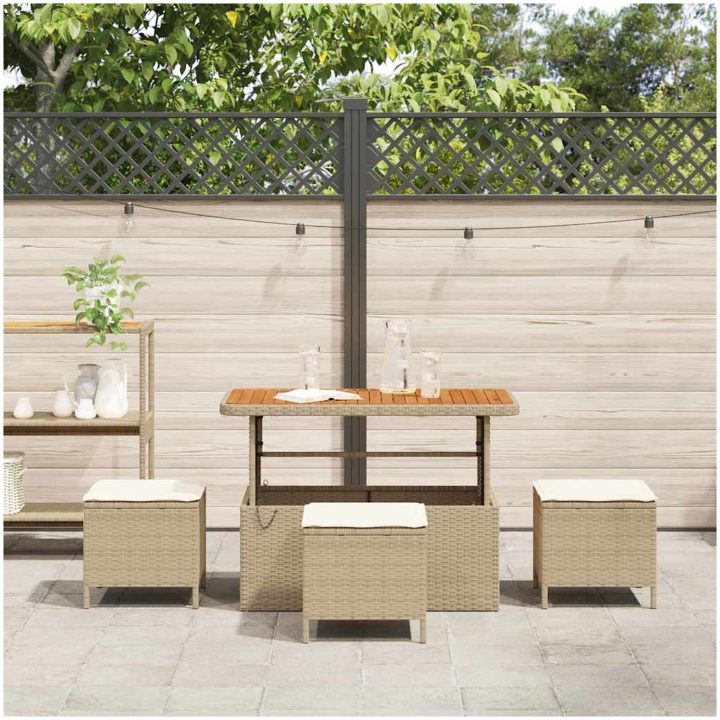 4-delad trädgårds matsalsset med kuddar beige polyrotting akacia vidaXL 110 cm – bild 4