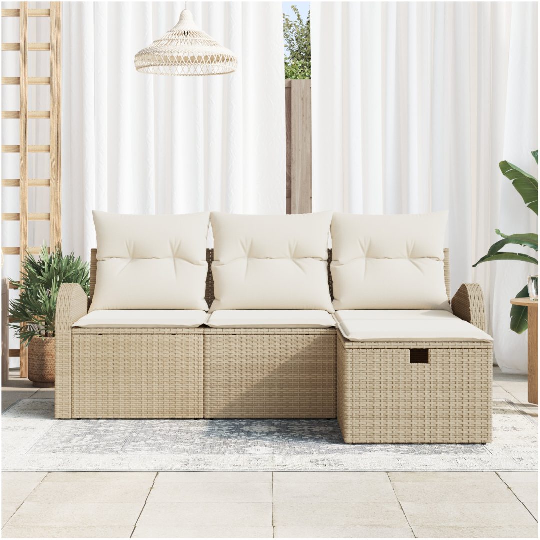 4-delad trädgårdsoffa med kuddar beige poly rotting vidaXL 179 x 117 x 85 cm – bild 3