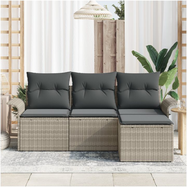 4-delad trädgårdsoffa med kuddar Ljusgrå Poly Rattan vidaXL 55 x 55 x 37 cm – bild 3