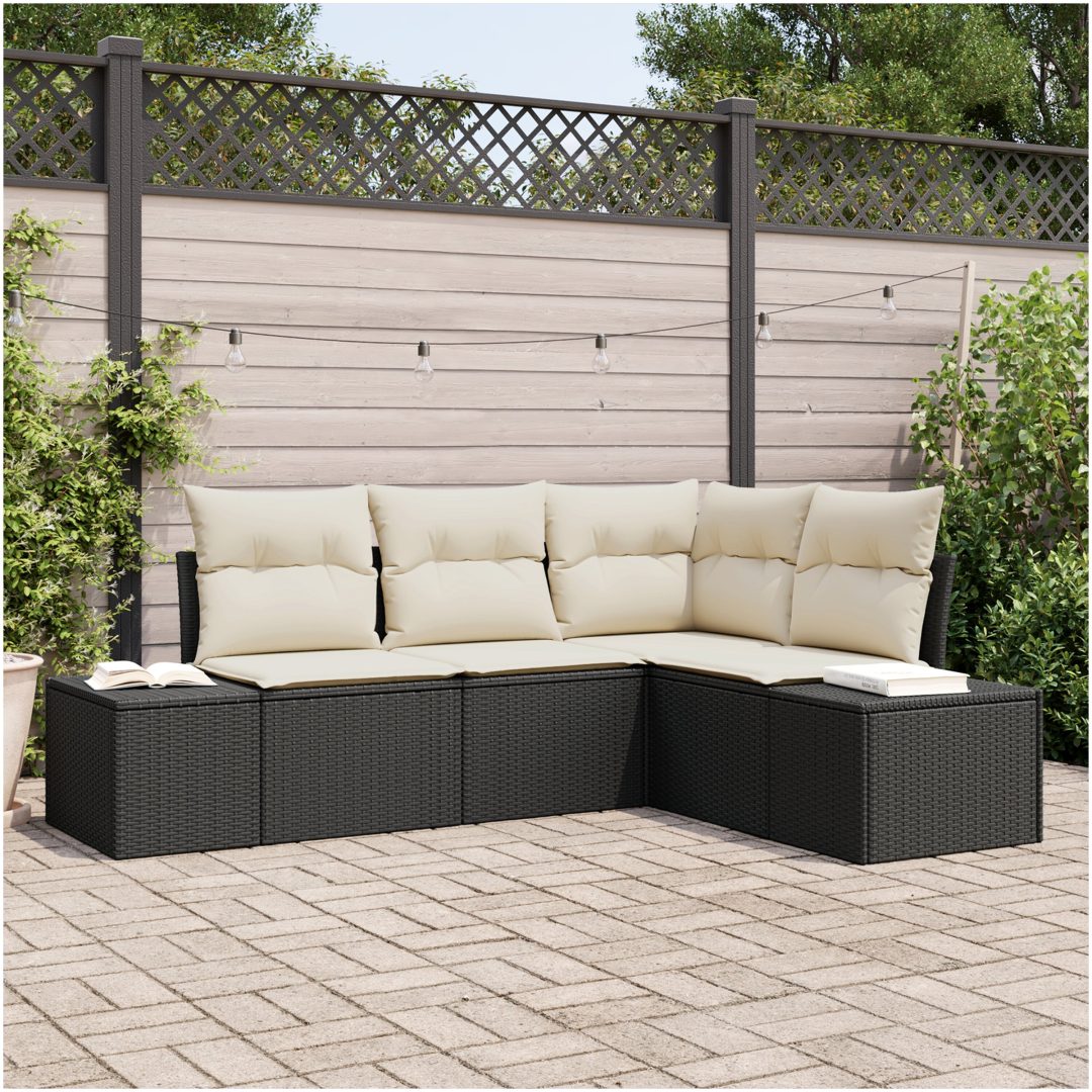 4 Delad Trädgårdsoffa Set med Kuddar Svart Poly Rattan vidaXL 209 x 154 x 85 cm
