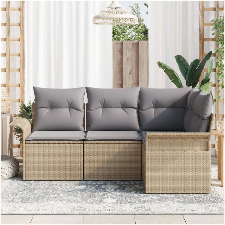 4-delad Trädgårdsoffagrupp med Kuddar Beige Poly Rattan vidaXL Medium – bild 3