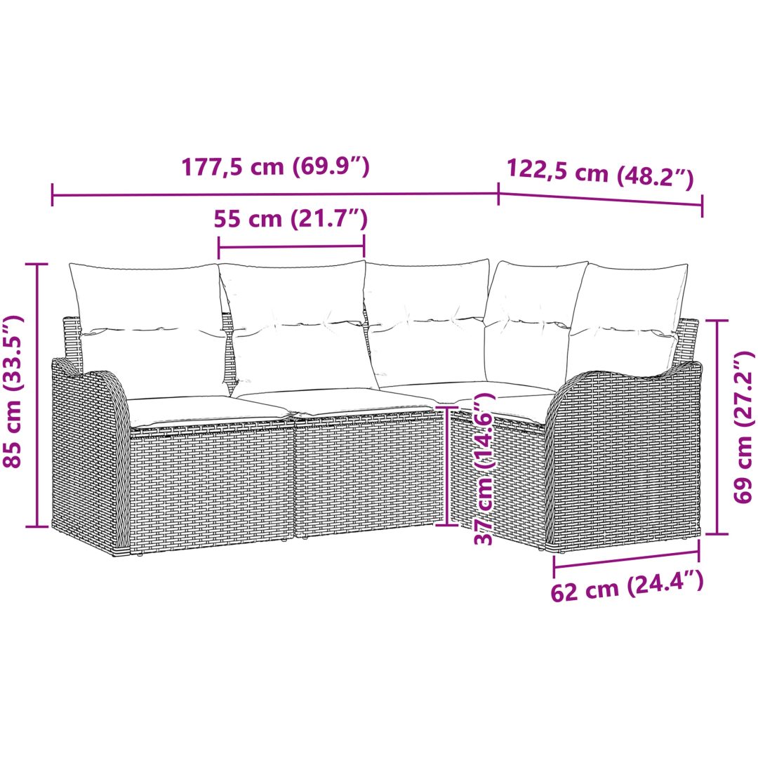 4-delad Trädgårdsoffasats med Kuddar Beige Poly Rotting vidaXL Stor – bild 12