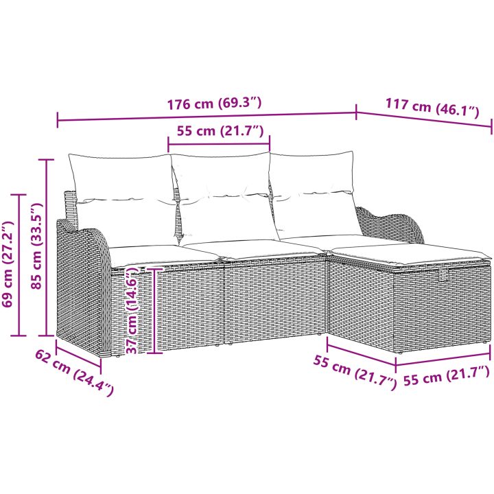 4-delad trädgårdsoffaset med kuddar - Beige poly rotting vidaXL 3 - Sits – bild 12