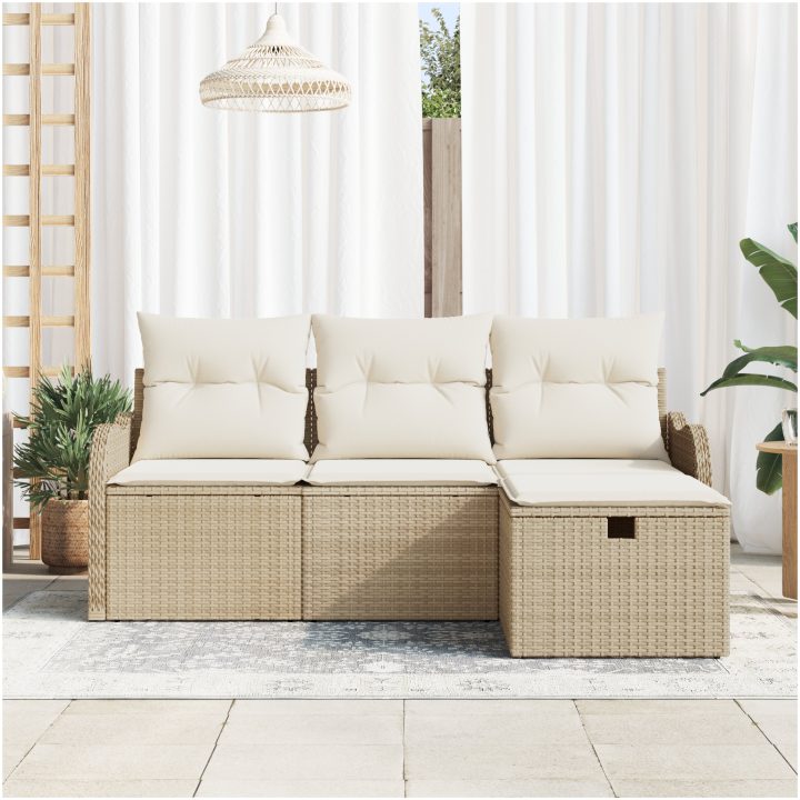 4-delad trädgårdsoffaset med kuddar - Beige poly rotting vidaXL 3 - Sits – bild 3