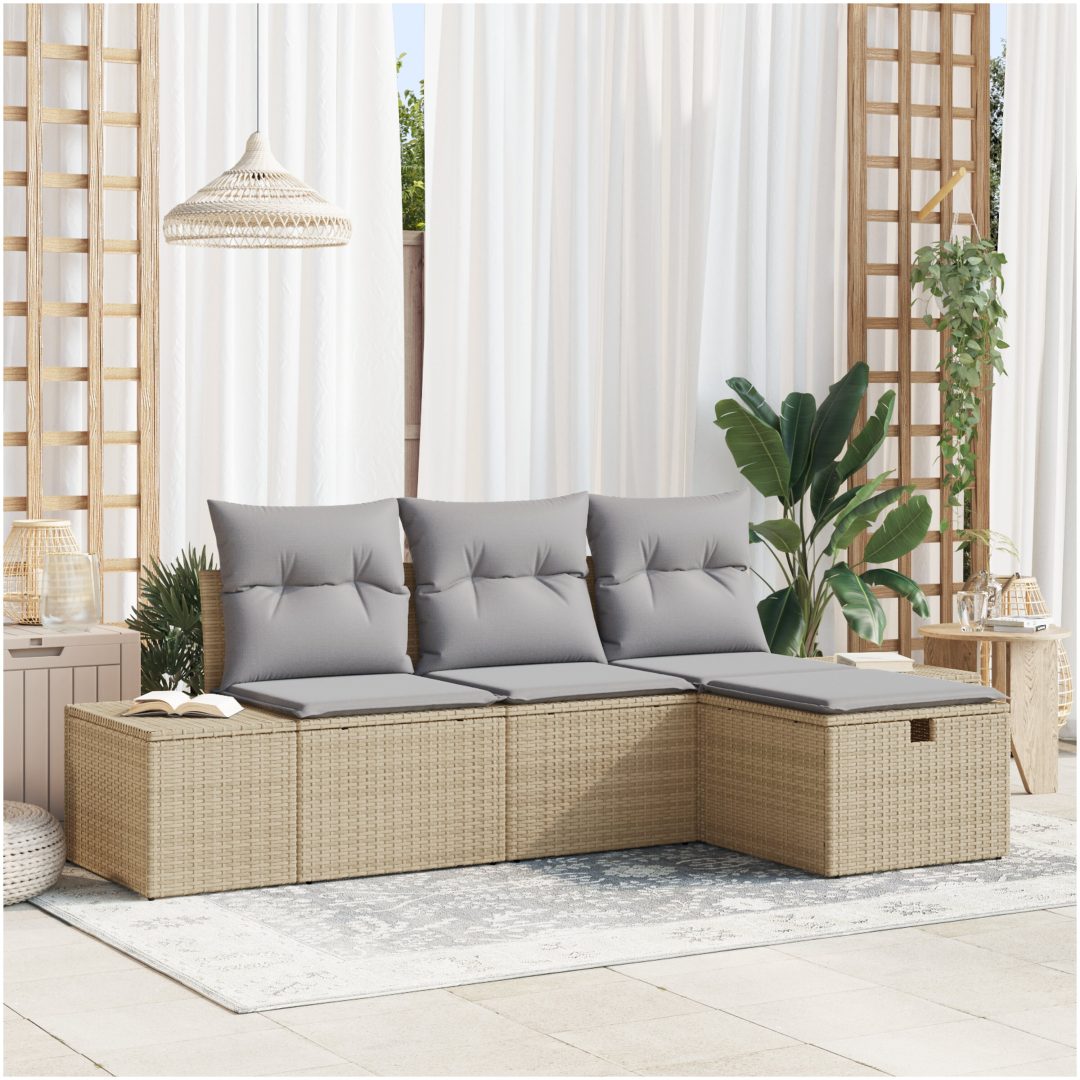 4-delad trädgårdsoffaset med kuddar i beige polyrotting vidaXL 239 x 117 x 85 cm
