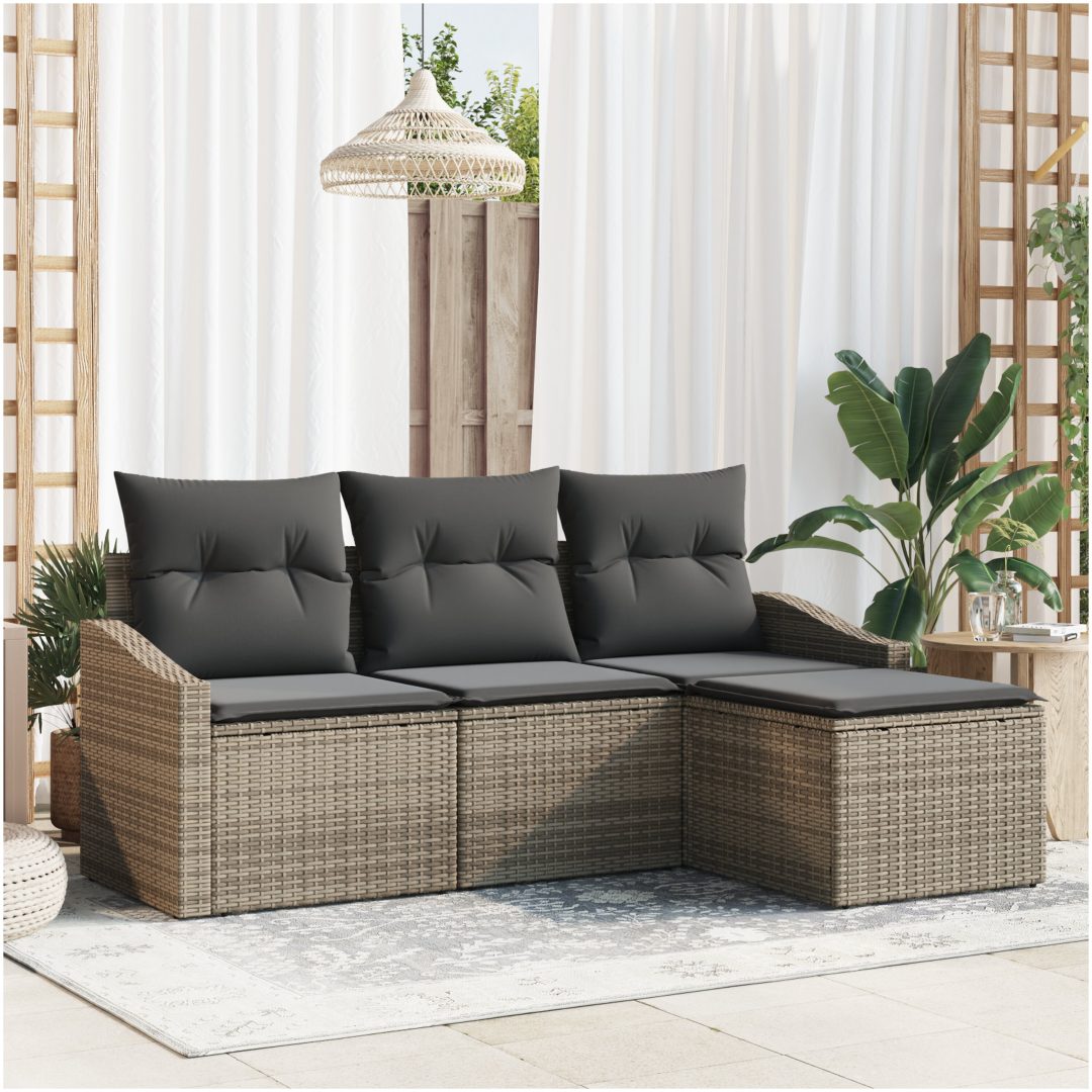 4-delad Trädgårdsoffaset med Kuddar i Grå Poly Rattan vidaXL 178 x 117 x 85 cm