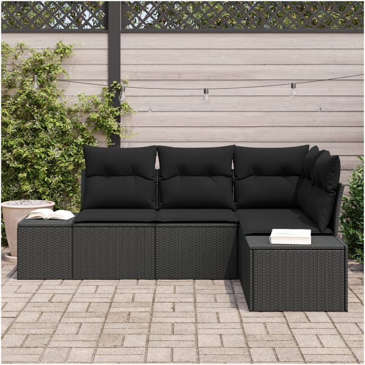 4-delad trädgårdsoffaset med kuddar svart polyrotting vidaXL 209 x 154 x 85 cm – bild 3