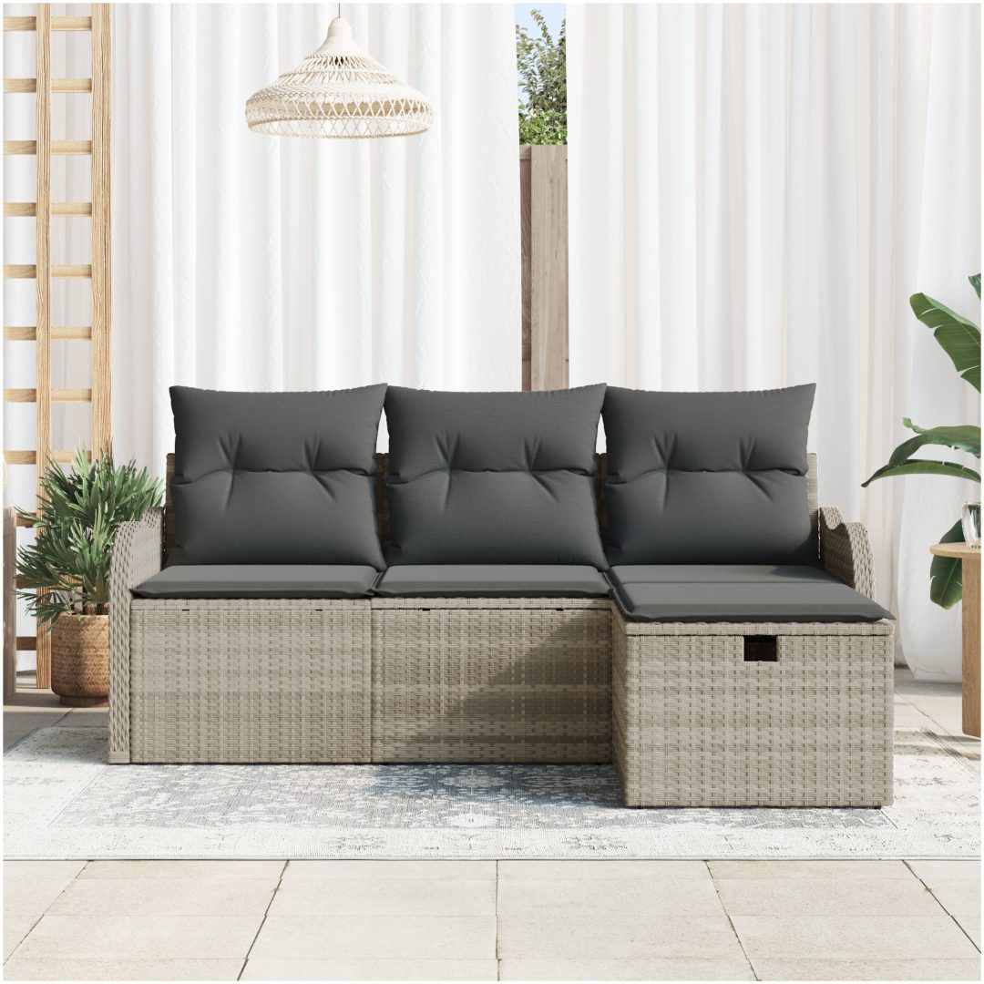 4-delad trädgårdsoffasett med kuddar, Ljusgrå Poly Rattan vidaXL Medel – bild 3