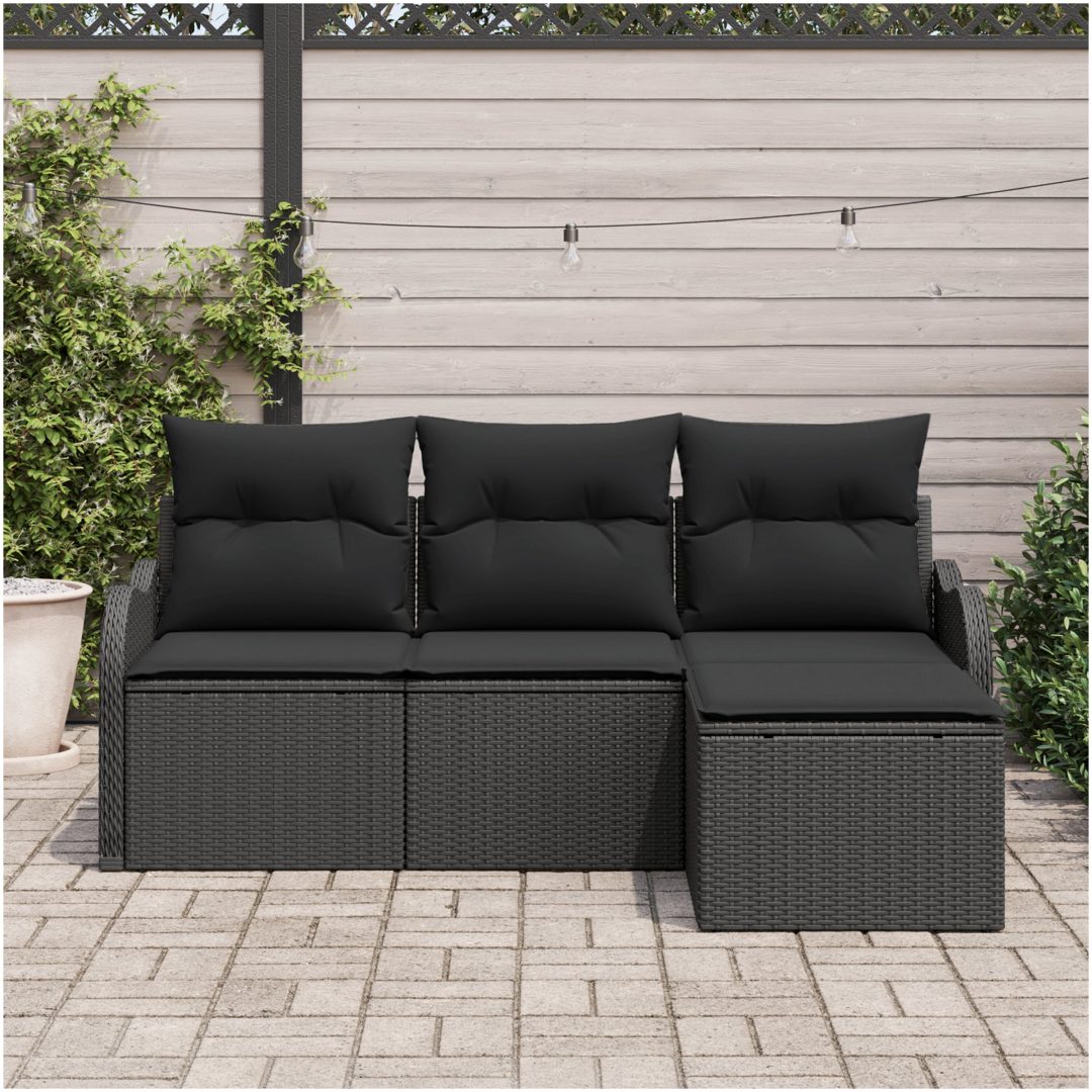 4 Delad Trädgårdsoffgrupp med Kuddar Svart Poly Rattan vidaXL Standard – bild 3