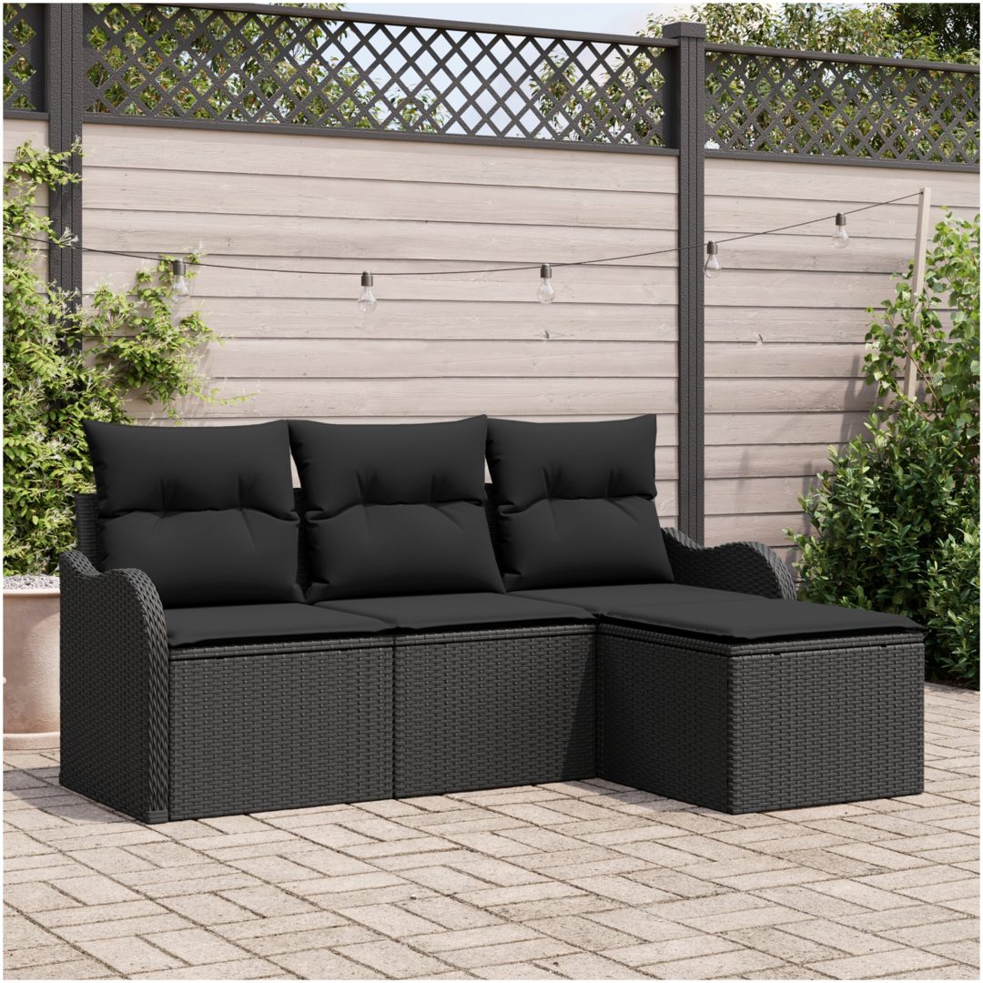 4 Delad Trädgårdsoffgrupp med Kuddar Svart Poly Rattan vidaXL Standard