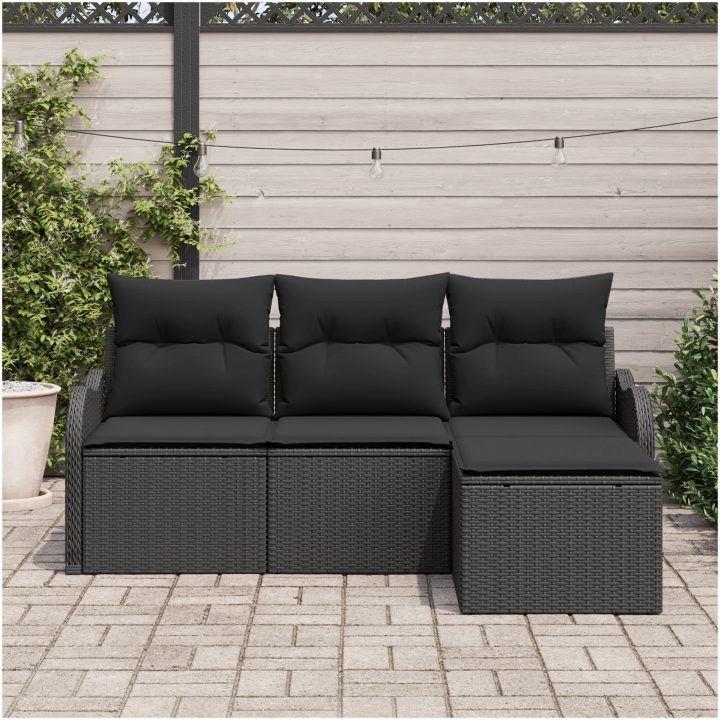 4-delad Trädgårdsoffgrupp med kuddar Svart Poly Rattan vidaXL Stor – bild 3