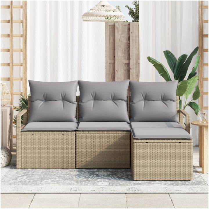 4-delad Trädgårdsoffset med Kuddar Beige Poly Rotting vidaXL Medium – bild 3